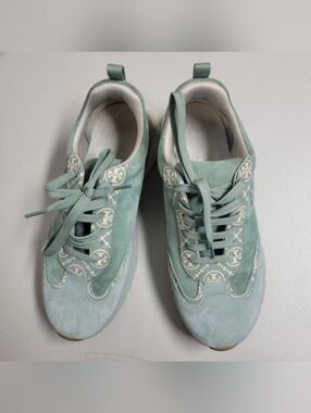 Tory Burch T Monogram Good Luck Blue Celadon Trainer Suede Sneakers Size 12M